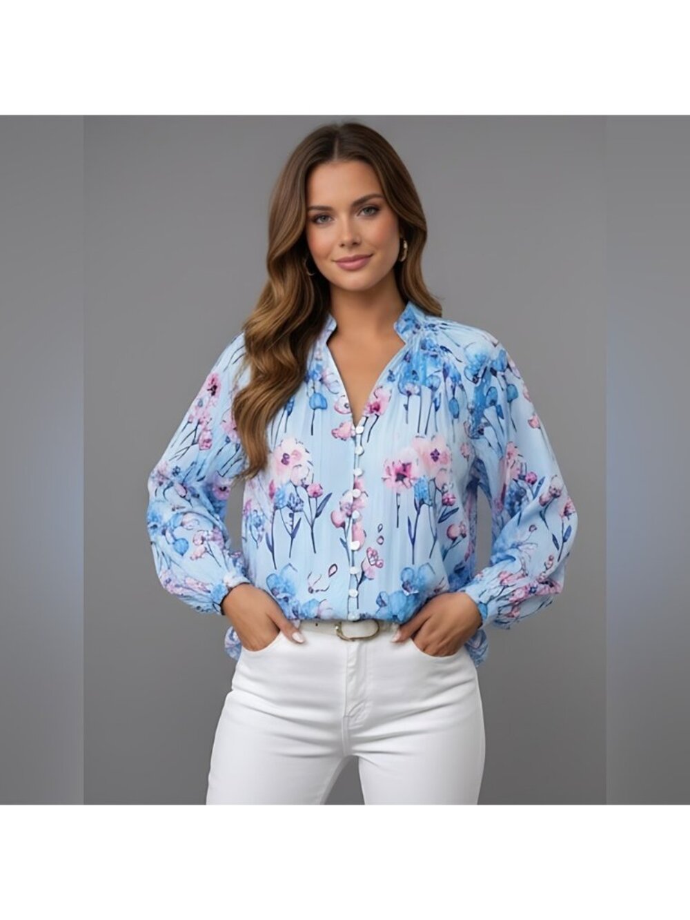 Blue Boho Floral Print Button Down Pleated Shirt
